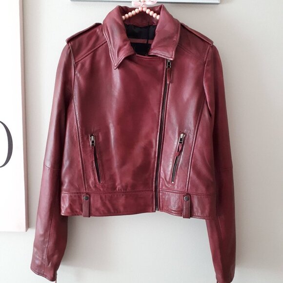 NWT Bod & Christensen faded bordeaux red moto cropped leather jacket, M - Picture 8 of 8